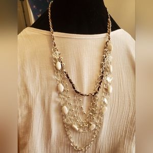 WHITE AND SILVER TONE LAYERED CASCADING BEADS NECKLACE